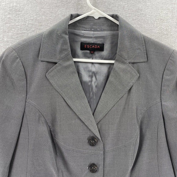 Escada Blazer Grey Womens 44 Large 4 Button Wool Silk Jacket Collar Button - Picture 3 of 15